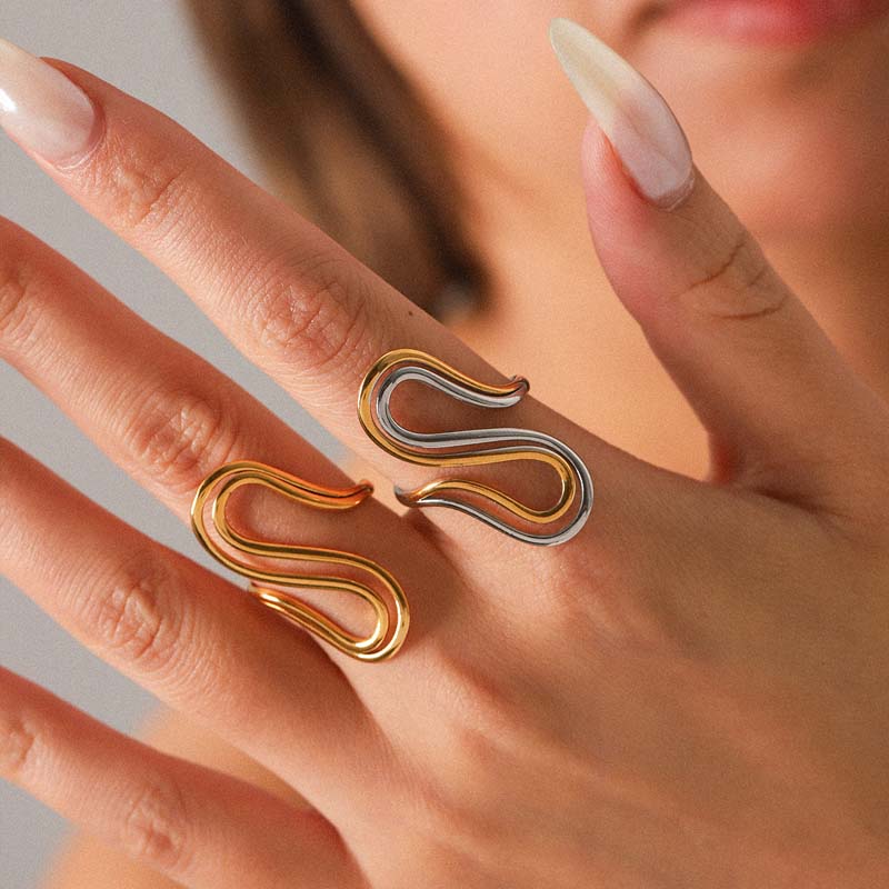 Stainless Steel Metal Line Open Rings for Women Fashion Gold Color Double S-shaped Adjustable Ring Waterproof Jewelry Gifts