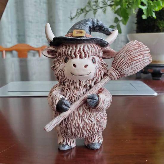 Halloween Highland Cow Resin Figurine Wizard Hat Pumpkin Broom Cattle Statue Sculpture Holiday Party Decoration Ornament