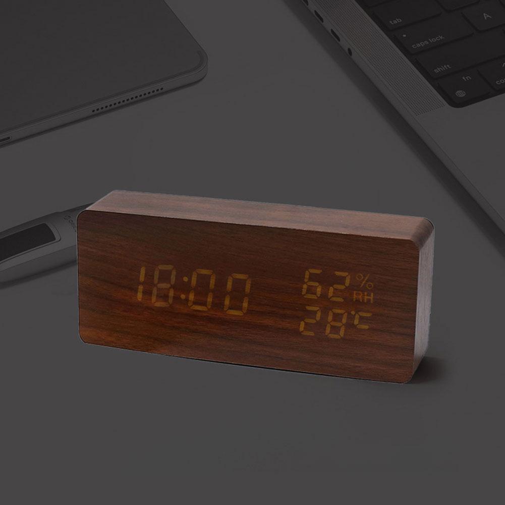 Stiller Holzwecker mit einstellbarer Helligkeit, Thermometer und Hygrometer, USB-betrieben für Schlafzimmer oder Büro