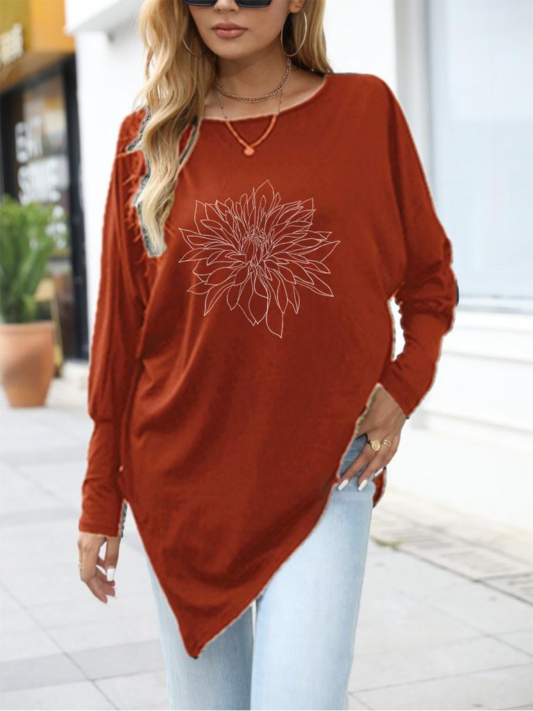 Damen Übergröße Langarm Mode Bedrucktes Langarm Oberteil Frühling/Herbst Asymmetrischer Saum T-Shirt