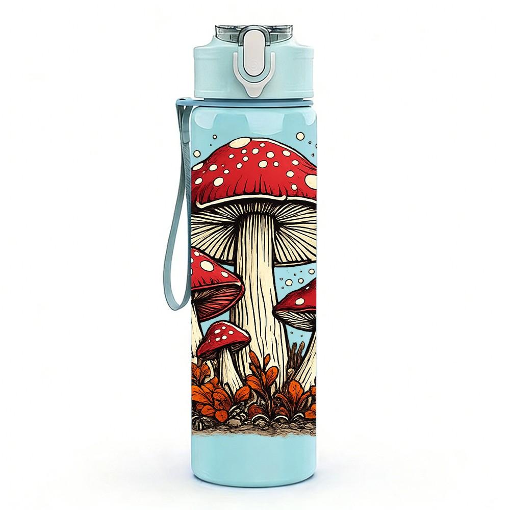 1PC Forest Red Mushroom Plant Art Print 750ml Color Plastic Sports Water Bottle Leakproof Flip Straw Lid Suitable for Sports Office Home Use