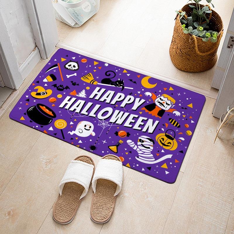 Halloween Theme Door Mat With Pumpkin Black Cat Ghost Bat Witch Hat Castle Patterns Fun Cartoon Decorative Entryway Rug