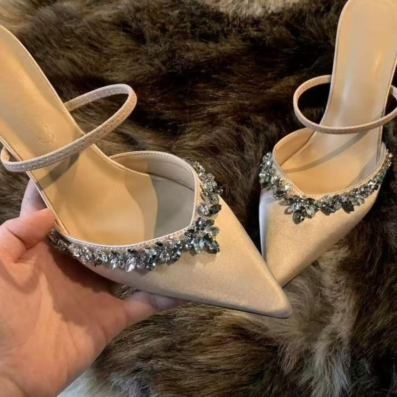 Fashion 2025 Summer Modern Women's Closed Toe Slippers Sexy Crystal Pointed Toe Thin Heels Elegant Fashion Dress & Party Sandal Zapatos