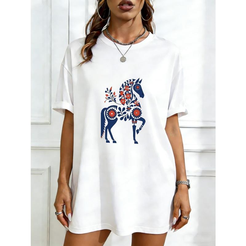 

Oversized T Shirt Dress Black Floral Horse Print Casual Wear For Women XXXXL білий