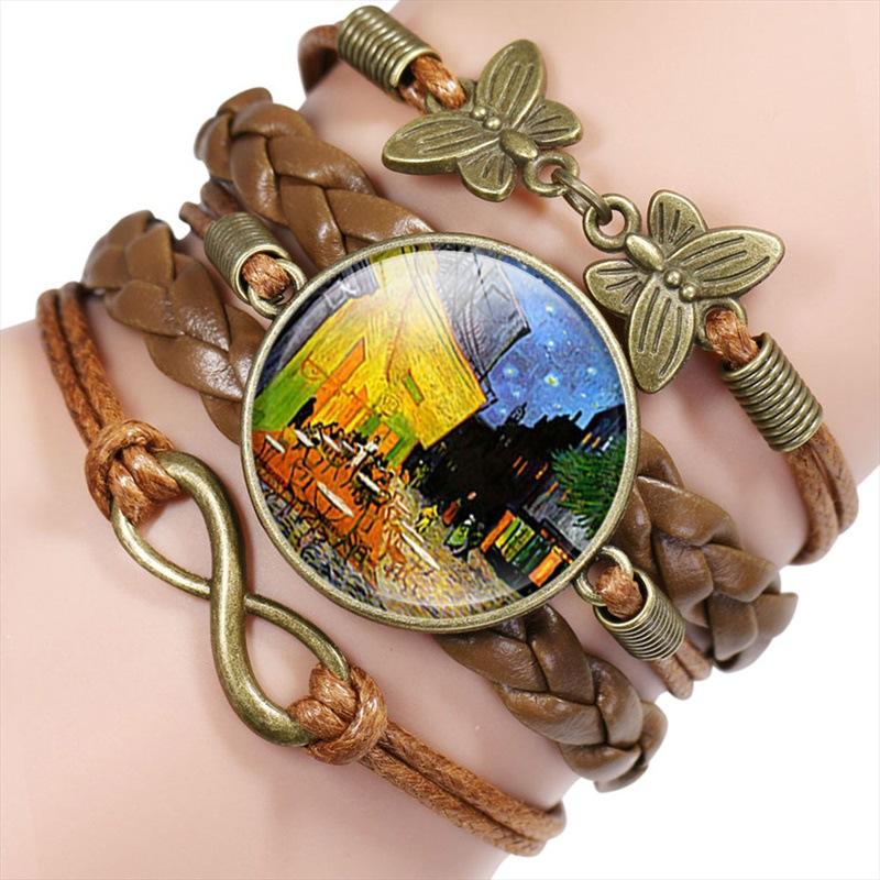 Vintage Handmade Leather Multi Layer Bracelet Butterfly Infinity Design Van Gogh Painting Crystal Bangle Jewelry Set