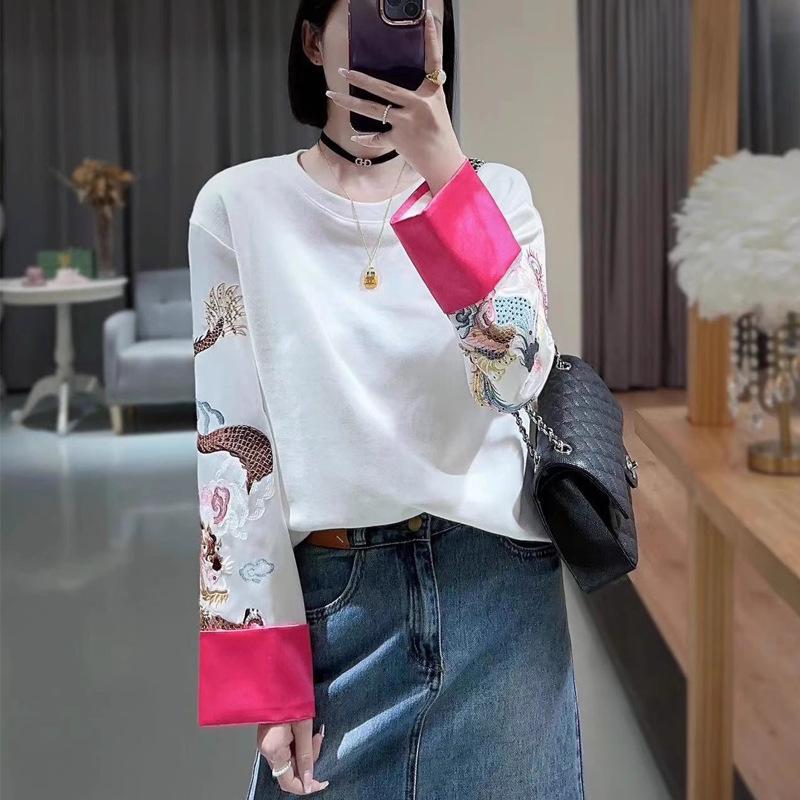 2023 Autumn Women's Acetate Spliced T-shirt: Black Dragon & Phoenix Embroidered Chinese Style Sweatshirt