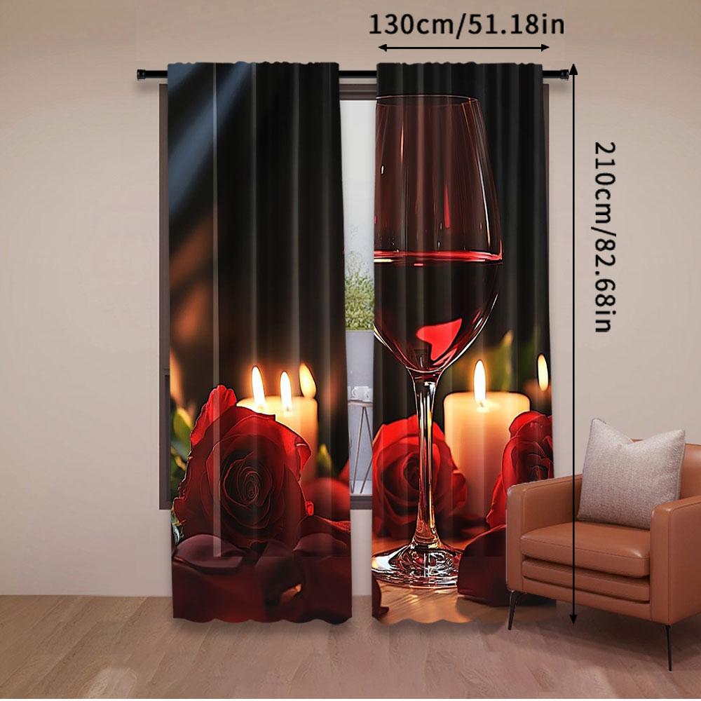 Set Of 2 Red Rose Wine Glass Candle Curtains Fashion Suitable Bedroom Living Room Dorm Curtain Polyester Ideal For Great