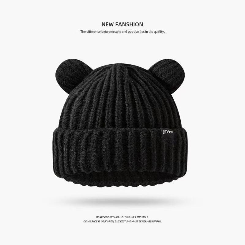 Sweet and cute bear wool hat women's versatile patch letter winter warm and cold ear protection wool hat