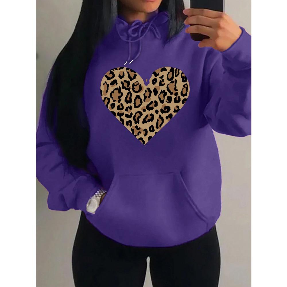 Simple Leopard Print Heart Design Hoody Women Oversize Fleece Hoodies Autumn Hip Hop Sportswear Fashion Clothing