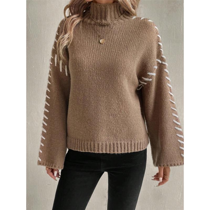 Women Fall Winter Pullovers Fashion Knit Sweater Long Sleeve Knitwear Female High Neck Contrast Stitching Tops Knitwear Clothes
