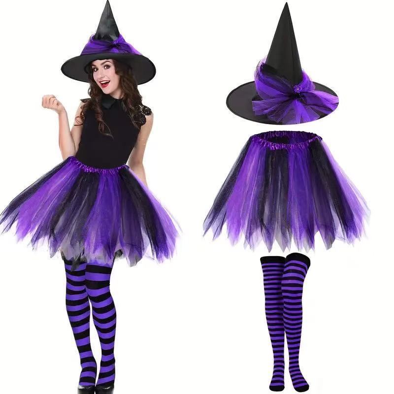 Halloween Party Festive Witch Hat Striped Stockings Trouser Set Hat Set