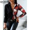 QICED Women's Fashion Casual Solid Color Print Long Sleeve POLO Neck Blouses & Shirts