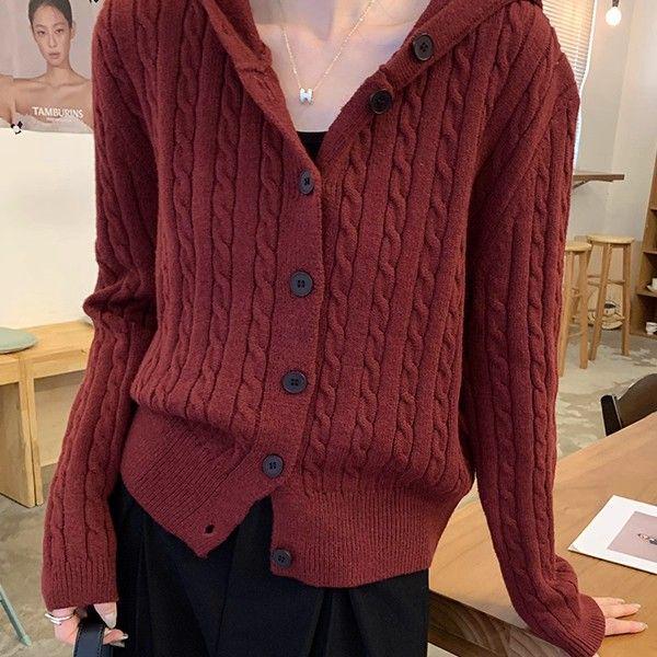 

Chic Korean Cable Knit Hooded Cardigan - Women s Versatile Long Sleeve Sweater Coat for Autumn & Winter One Size красный