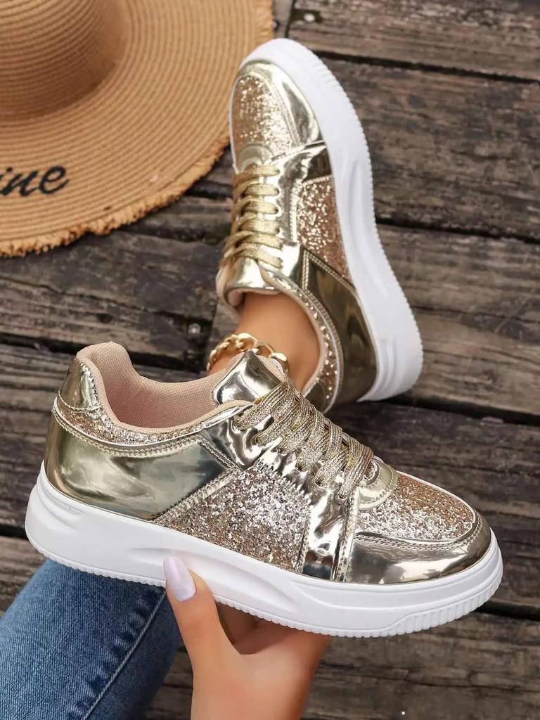 Women's Sequin Fashion Trend Sneakers Casual Sports Shoes Breathable Lightweight Large Flat Women's Shoes Zapatos De Mujer