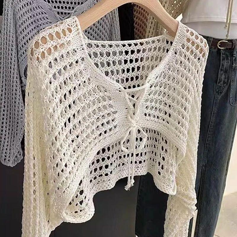 

Hollow Lace up Slim Knit Sweater Sexy Hollow out Tied Slim Fit Pullover Knitwear WHITE One size