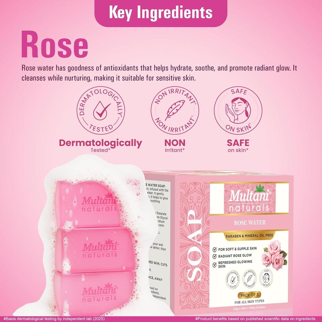 Multani Naturals Rosewater Soap Bar Pack Of 3PC 125 G Herbal Moisturizing Soap With Rose Water Glycerin For Soft Skin