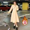 Large Size Temperament Waist and Thin Long-sleeved Velvet Dress for Women's Autumn and Winter New Design Lapel Zipper A-shaped Skirt