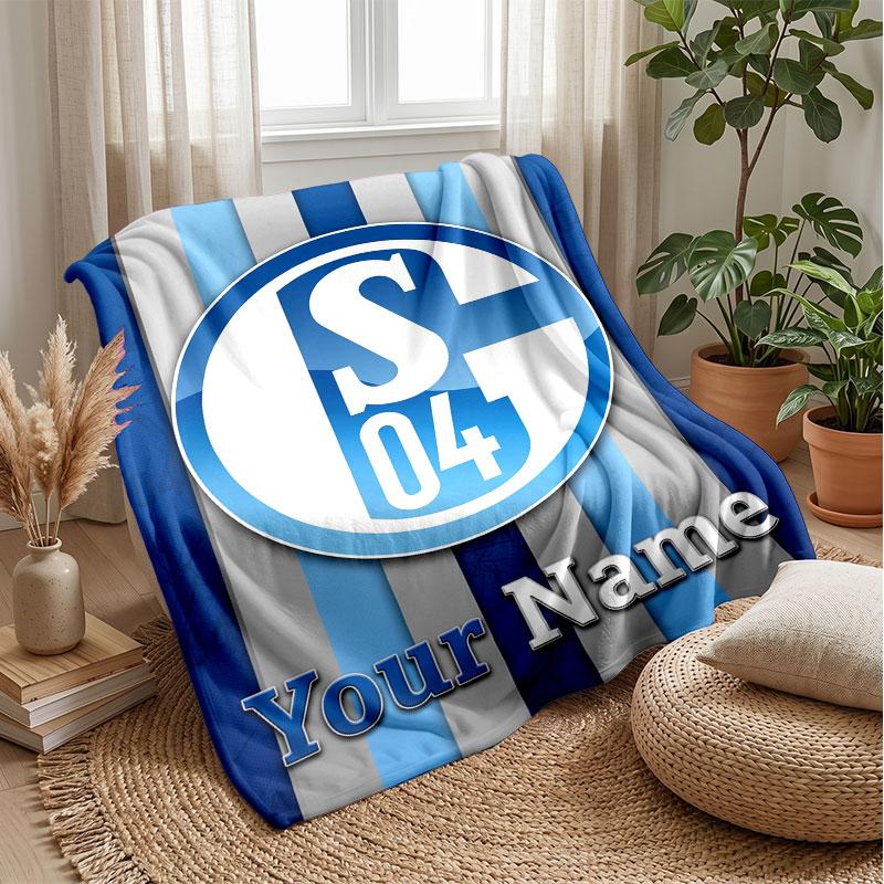 Schalke 04 FC Custom Name Text Flannel Blanket Soccer Logo Personalized Fleece Throw Blanket Special Gift For Sofa Bedroom Home