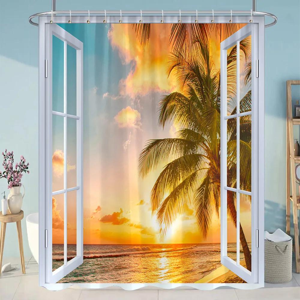 Simulation Window Beach Forest Outdoor Shower Curtain Tropical Seaside Landscape Bohemian Cloth Hanging Curtains Bathroom Decor