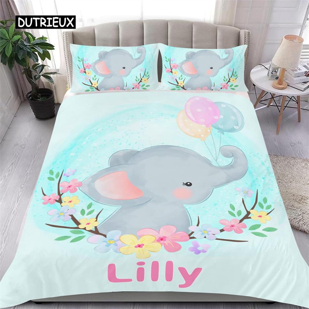 Cute Elephant Duvet Cover Set 2/3 Piece Cartoon Animal Bedding Set 3D Floral Comforter Cover Twin Full King For Boys Girls Gift