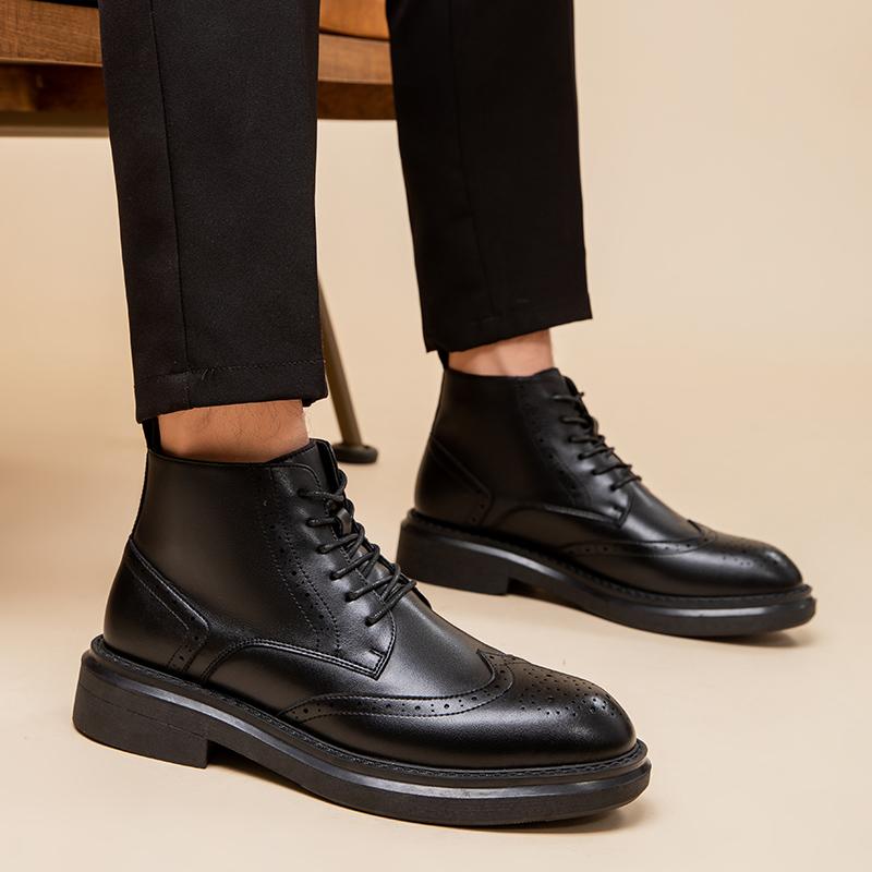 Fashion Brogue Genuine leather men's boots Fashionable gentleman style Business Office Outdoor formal party Quality adult shoes Black