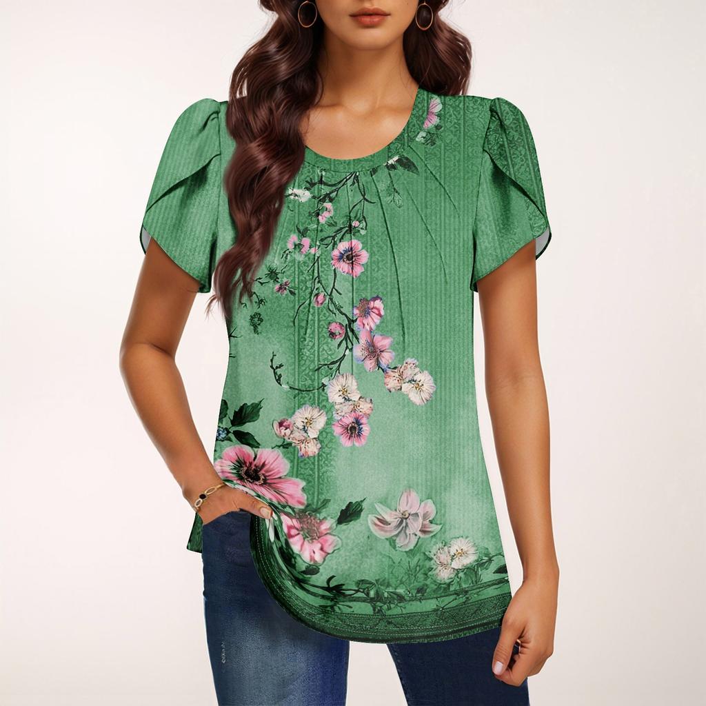 Damen Modisches Rundhals Kurzarm Bedrucktes Lässiges Basic Plissiertes Pullover T-Shirt Top