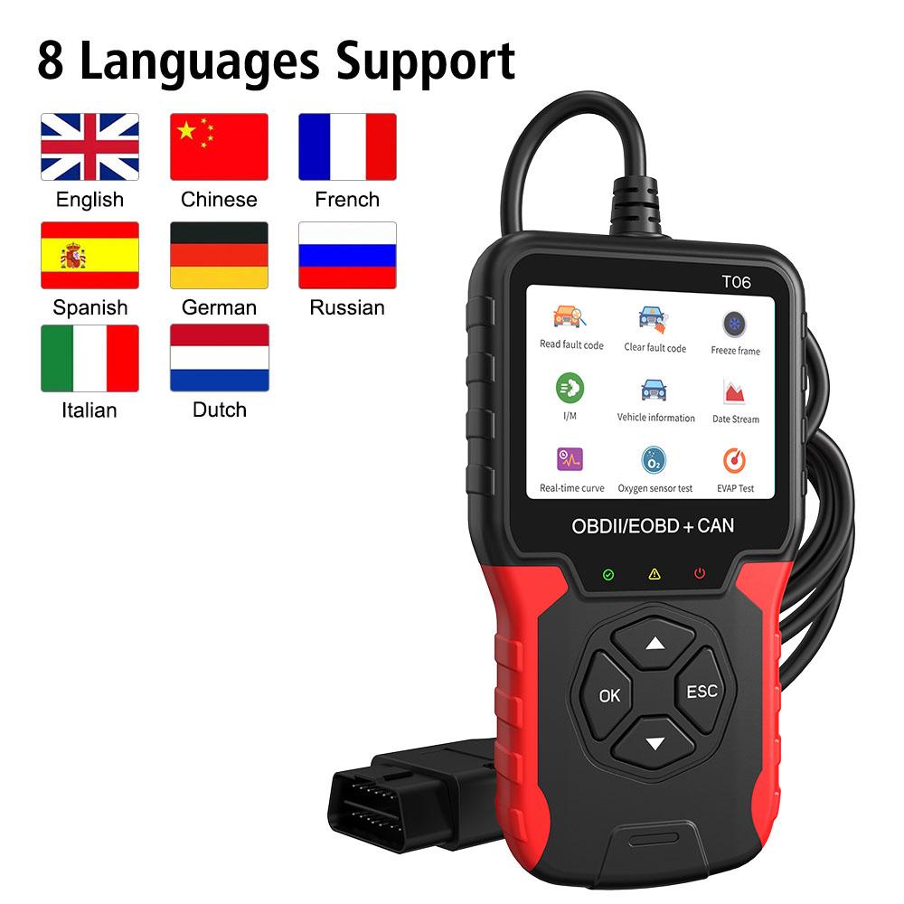 Car Diagnostic Tool Battery Tester Code Reader Auto Accessories T06 Check Engine System Multi-language Support OBD2 Scanner