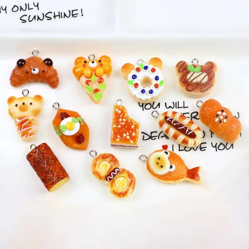 12Pcs Cute Resin Little Bear Bread Donut Charms Simulation Food Crafts Pendants for Earrings Necklace Keychains DIY Jewelry Make