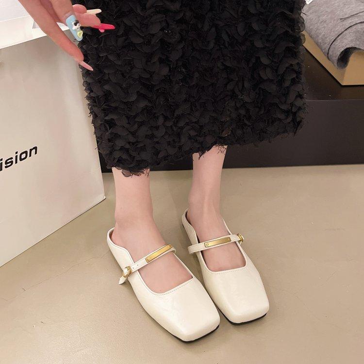 [Ushilai] French baotou half slippers women's 2025 spring new square head shallow mouth casual versatile one pedal