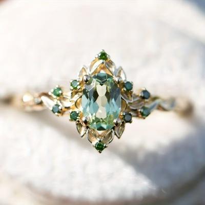 European and American New  Flower Shape Green Zircon Inlaid Elegant Light Luxury Women's Ring