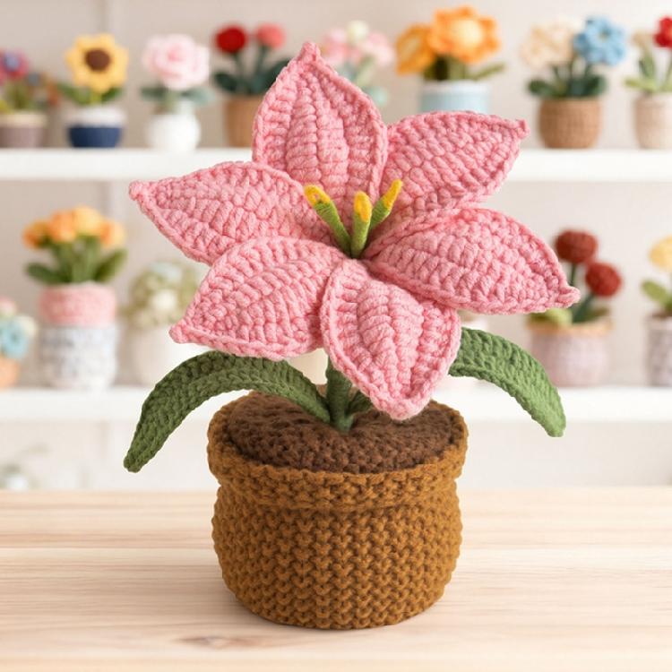 Crocheted Lilies Potted Plant Home Decors Artificial Knitted Flower Pot Ornament for Mother Day Teacher Appreciation Gift