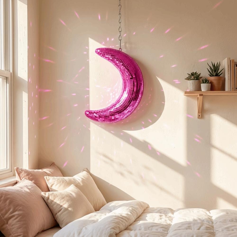 Creative Reflective Surface Hanging Disco Moon Modern Aesthetic Disco Moon Ornaments Colorful Moon Mirror Decor Party Decoration