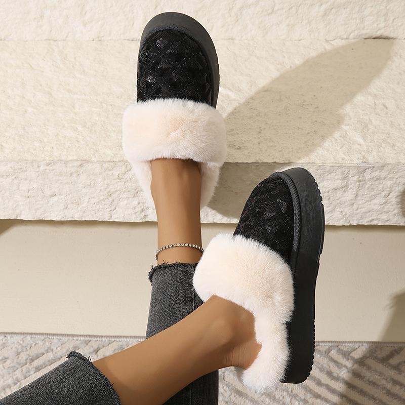 fashion New Winter Faux Fur Warm Women Snow Boots Luxury Sequined Plush Ankle Boots Non-Slip Thicken Fluffy Short Boots Mujer