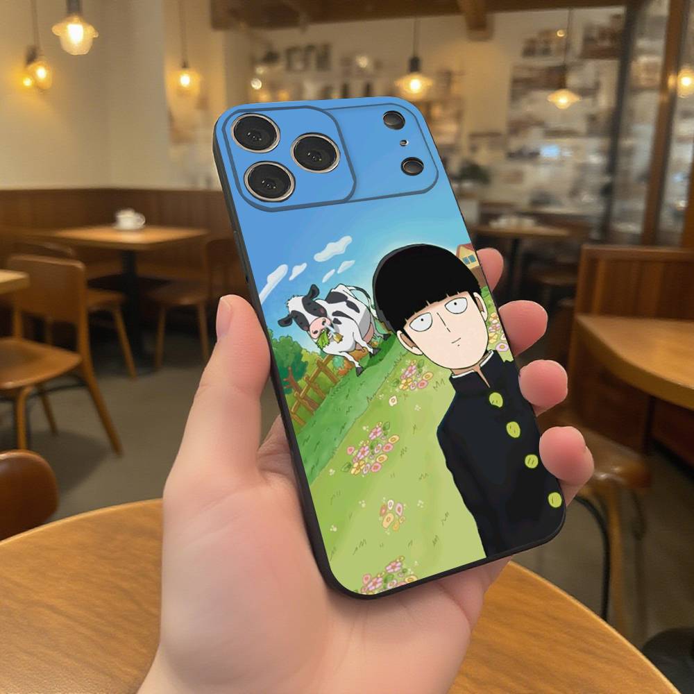 M-Mob Psycho 100 Anime Phone Case For iPhone 17,16,15,14,13,12,11,Pro,XS,Max,XR,Plus,E,SE4,Mini Black Soft Cover