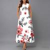 Plus Size Ladies Sleeveless Crew Neck Dress Exotic Tropical Leaves Flowy Calf Length Gown
