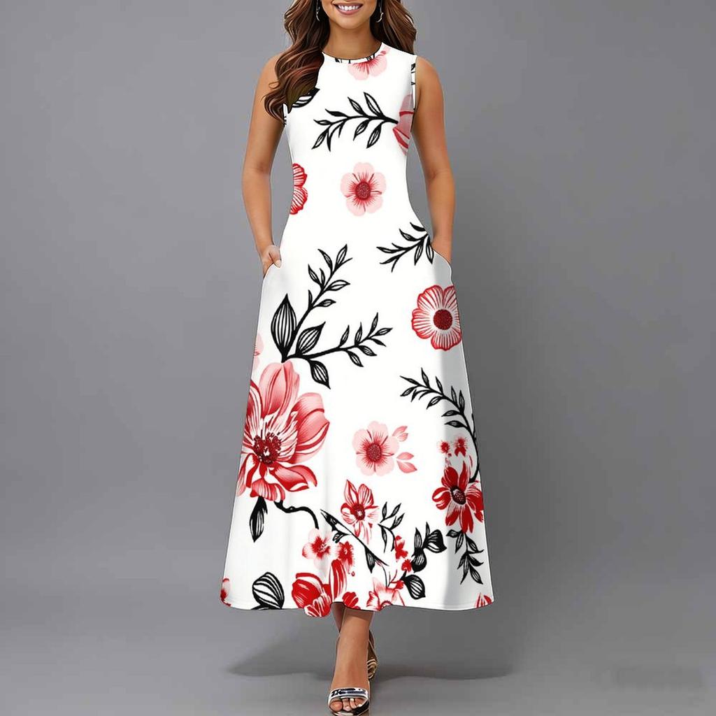 Plus Size Ladies Sleeveless Crew Neck Dress Exotic Tropical Leaves Flowy Calf Length Gown