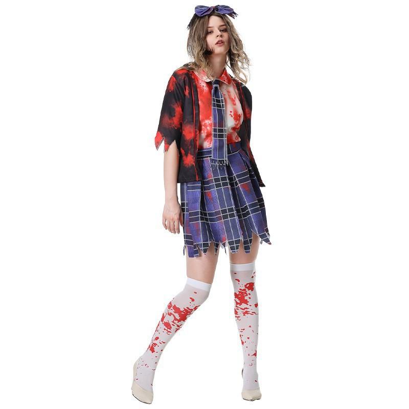 Womens Halloween Vampire Cosplay Costume Set - Shirt Tie Short Pleated Skirt Headpiece Jacket