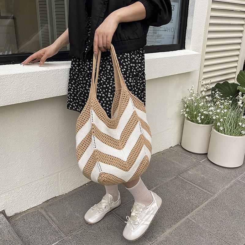 Women's Roomy Woven Net Backpack, Perfect for Summer Vacations, Casual Knitted Hollow-out Shoulder Bag KTB