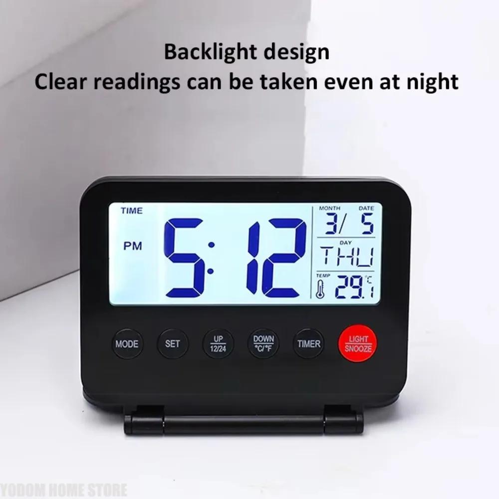 Digital Travel Alarm Clock Foldable - with Calendar Backlight Snooze Temperature LCD Thermometer