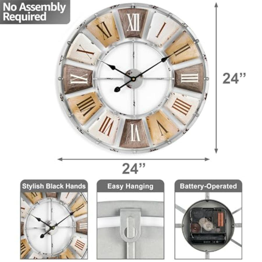 Decorative Large 24-Inch Wall Clock for Living Room Vintage Industrial Modern Rustic Farmhouse Style Oversized Roman Numeral Cl
