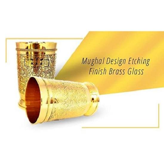 Pure Brass Glass Tumbler with Etching Art Finish, Indian HANDWORKED, (Pack of 2)