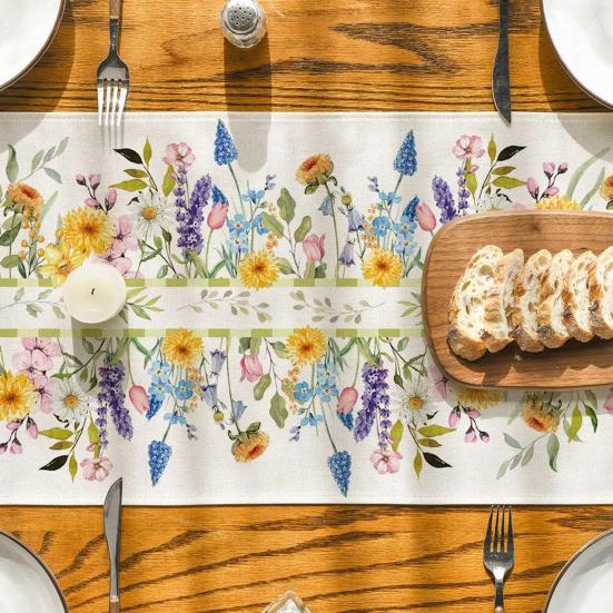 Spring Table Runner Floral Linen Table Runner Seasonal Summer Wildflowers Kitchen Dining Decoration for Home Party Decor
