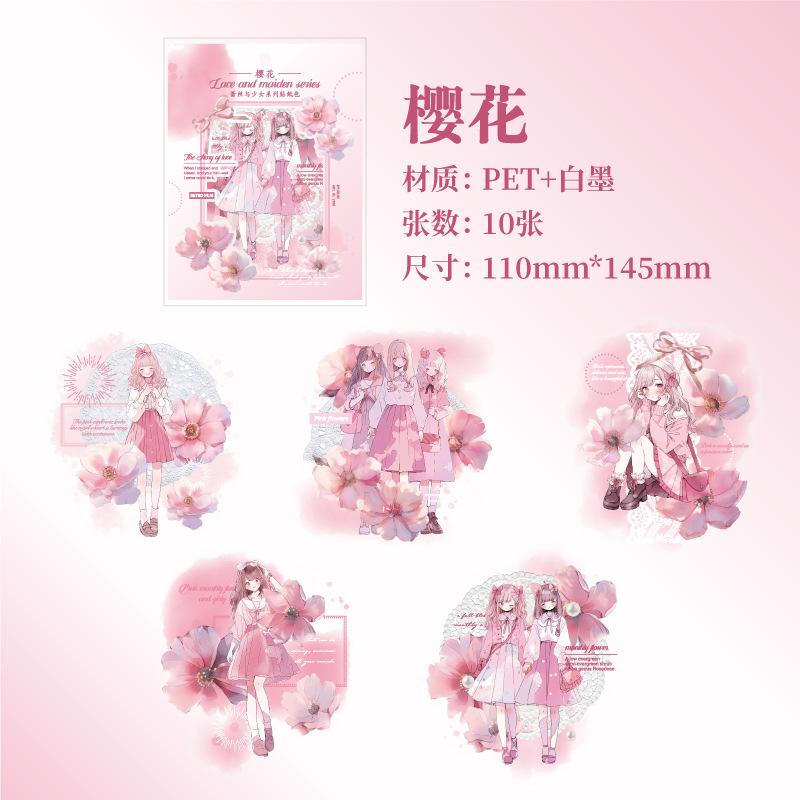10Pcs Cartoon Girl And Flower Theme Stickers Sweet Fresh Style Journal DIY Collage Decor Supplies
