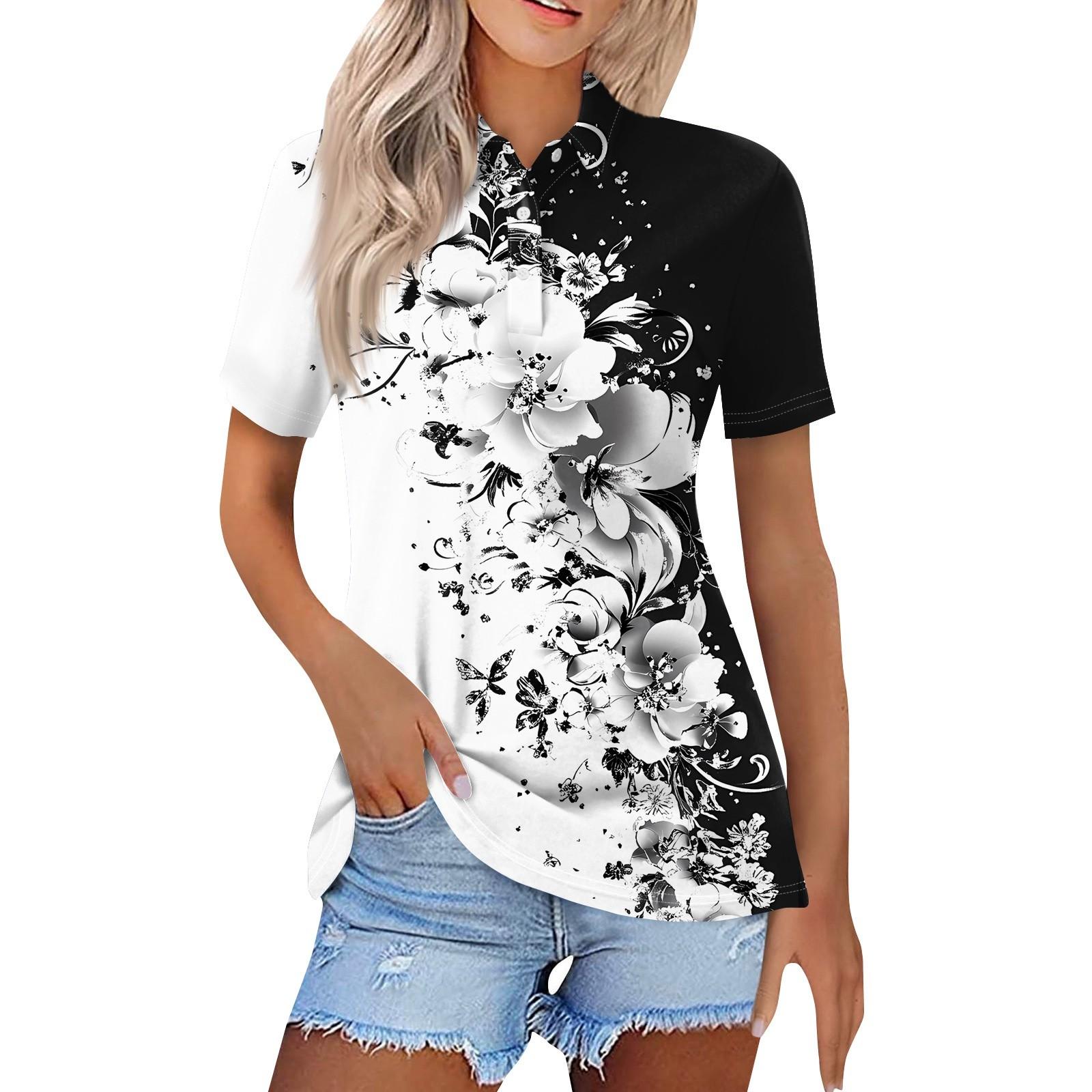 

Женская модная повседневная рубашка с отворотом и коротким рукавом с принтом, женские топы на пуговицах L чёрный