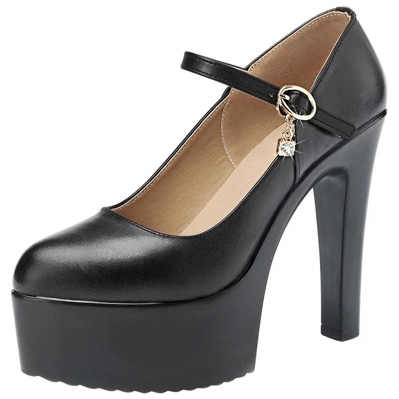 7 9 11 13 Small Size 32-43 Shallow Thick Bottom Genuine Leather Shoes Platform Pumps 2025 Block High Heels Shoes Model Office