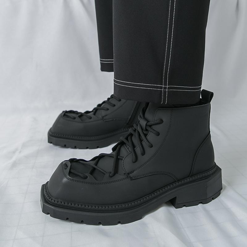 Fashion Autumn New Men Comfortable Lace Up Side Zipper High Top Leather Shoes Fashion Brand Round Toe Thick Soled Non Slip Outdoor Boots