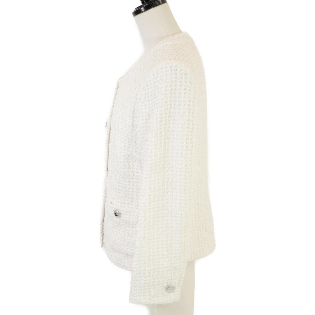 Chanel Inländisch regulär 23Edelstahl P74453V66060 Klarer COCO-Knopf Tweed kragenlose Jacke 36 weißGebraucht