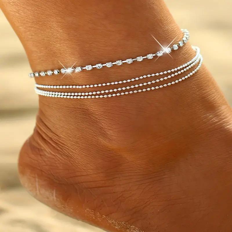 European-American Rhinestone Layered Anklets: Trendy Beach Style Jewelry for Women