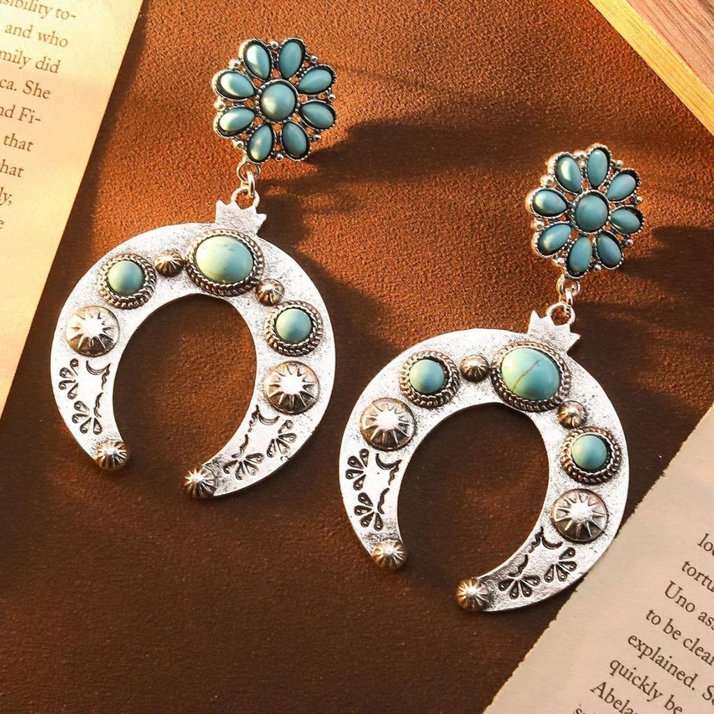 Earrings Bohemian Ethnic Style Earrings Diamond Turquoise Hollow Earrings Women'S Retro Versatile Earrings