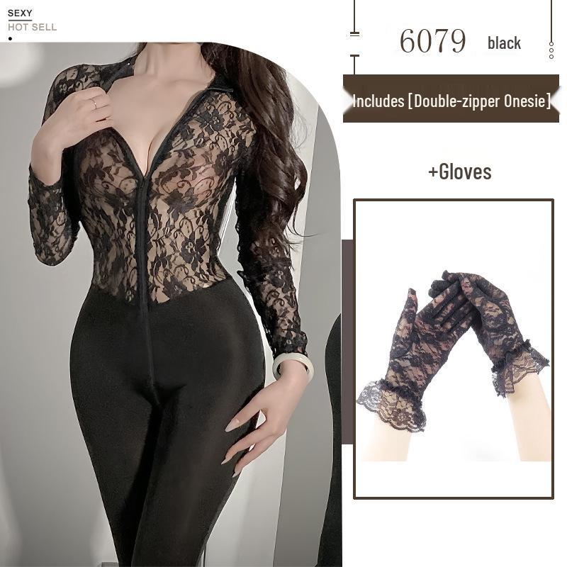 Yi Jin Women's Lace See-Through Bodycon Lingerie with Double-Headed Zipper and Open Crotch